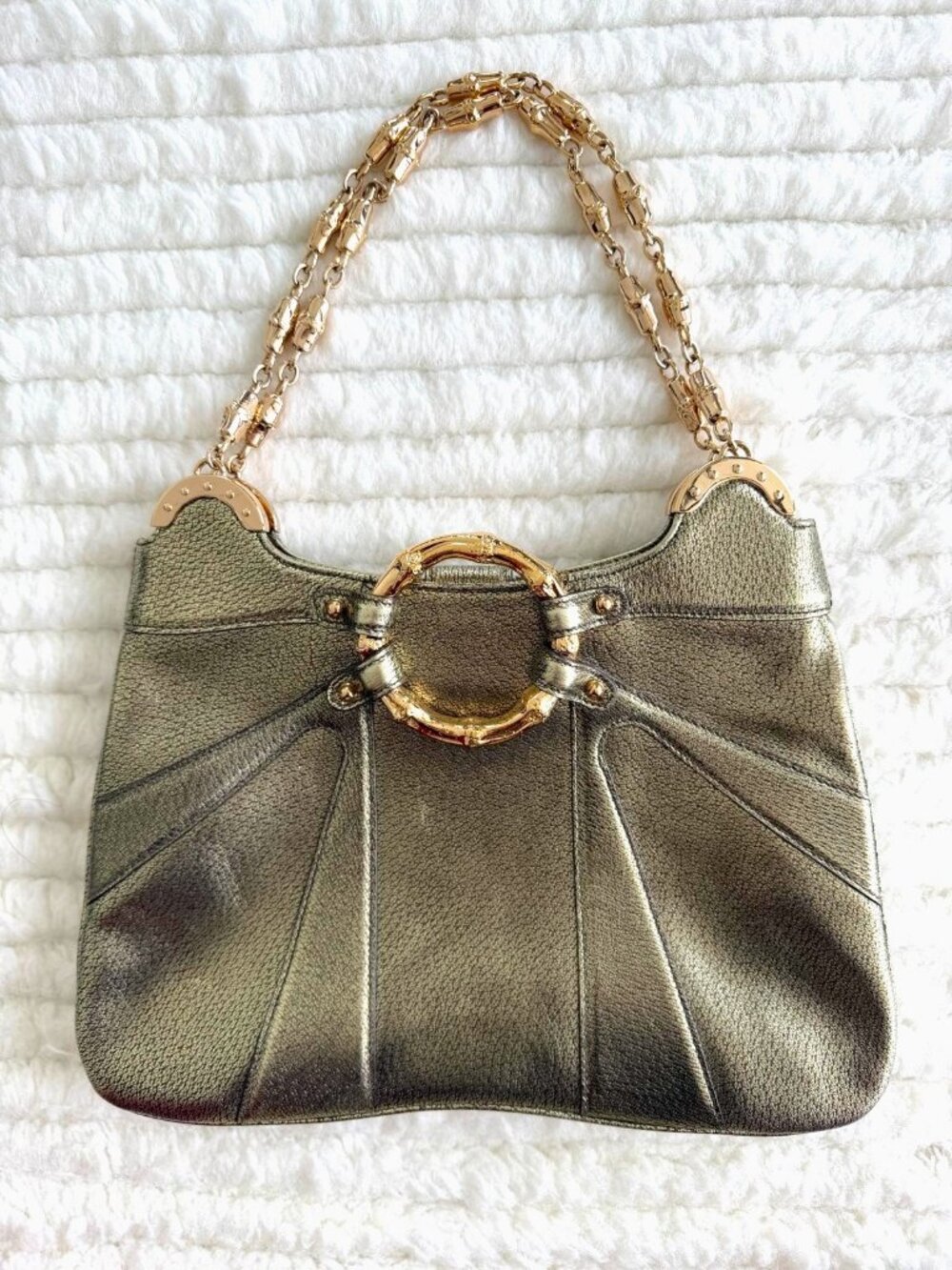 Gucci Tom Ford Era Metallic Gold Bronze Leather Bamboo Ring Chain Shoulder Bag